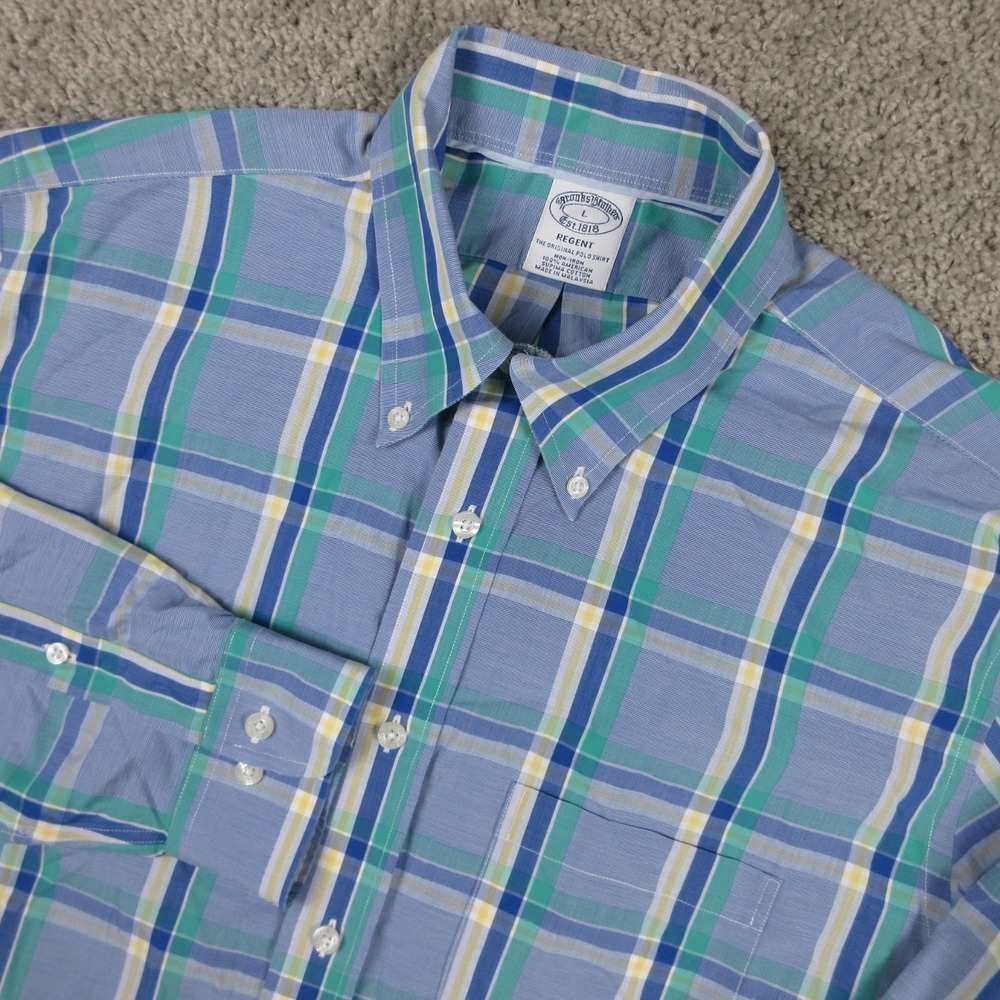 Brooks Brothers Shirt Mens Large Blue Plaid Regent Non Iron Supima Button Up EUC